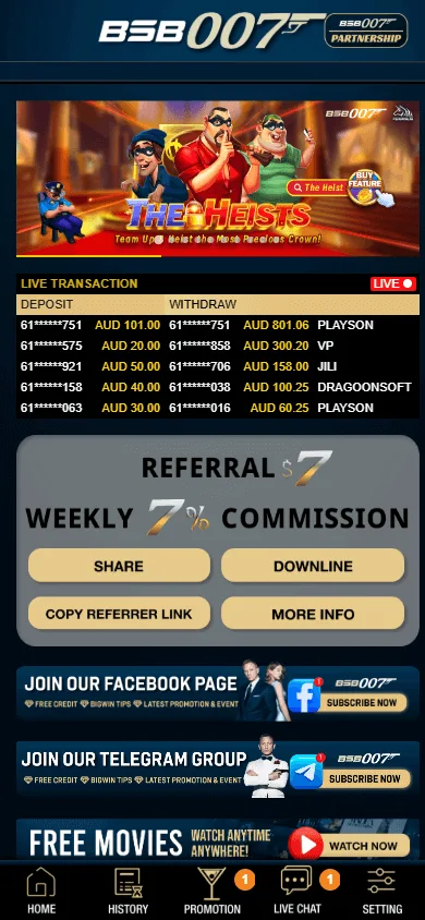 Bsb007 Casino mobile browser interface for playing and managing an account