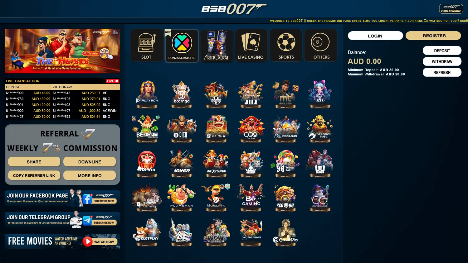Bsb007 Casino desktop game selection with slots, live casino and other game types