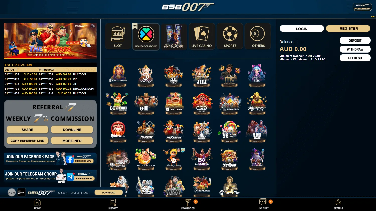 Bsb007 Casino desktop welcome offer with the $18 registration bonus and 50% deposit match up to $300